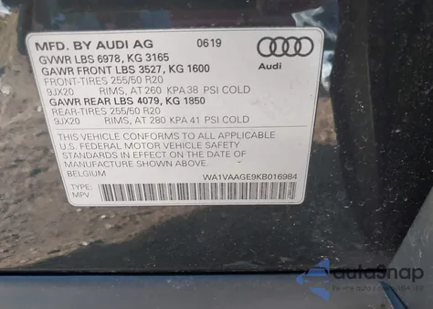 2019 Audi E-Tron Premium Plus from USA, damaged, VIN WA1VAAGE9KB016984
